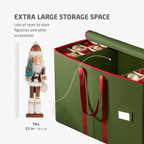 ZOBER Large Christmas Ornament Storage Box - Stores 80 3" Ornaments, With Dividers - With Large Compartment for Figurines, and Accessories, Durable Christmas Containers Holder, 4 Extra Pockets - Green