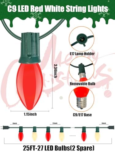 SUNSGNE C9 LED Christmas Lights Outdoor, 25ft Vintage Christmas Lights with 27 LED Red White Plastic Bulbs(2 Spare) for Patio Home House Balcony Xmas Decor, Green Wire