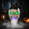 Halloween Black Cat Skeleton Statue LED Light Smoke Effect Decor