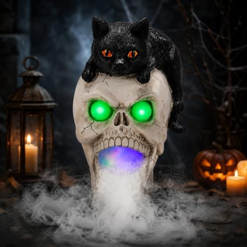 Halloween Black Cat Skeleton Statue LED Light Smoke Effect Decor