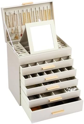 BOOVO Jewelry Boxes for Women, White and Black 6 Layer Large Jewelry Box for Necklace, Bracelet, Earrings, Rings Storage, Jewelry holder Organizer for Girls Gift (Champagne, 6 layer)