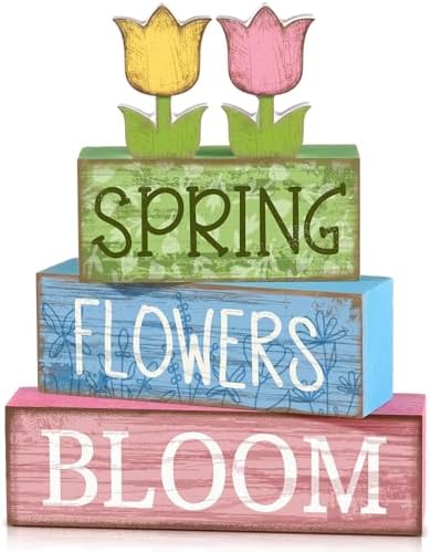 Moucuny 4 Pcs Spring Wooden Block Signs Farmhouse Table Tiered Tray Decor