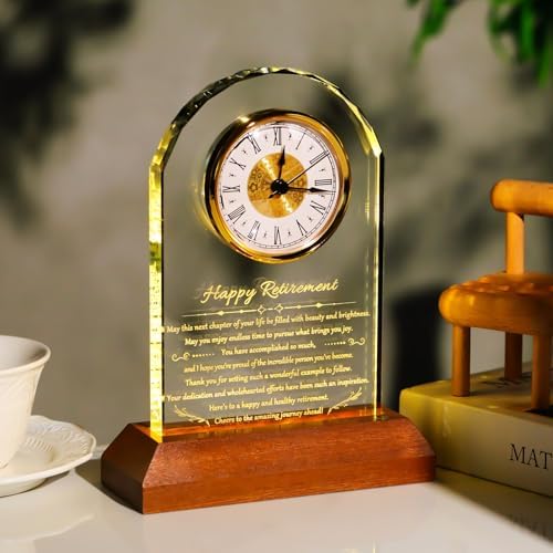 YWHL Retirement Clock Gifts for Women Men with Wooden Light Base, Happy Retirement Glass Plaque for Coworkers Boss, Going Away Retired Gifts for Friends, Farewell Goodbye Presents Ideas
