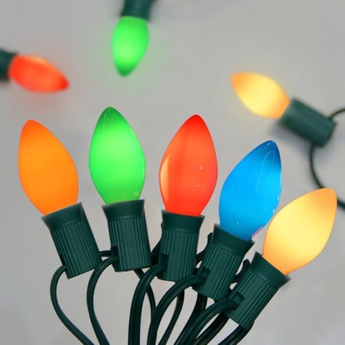 C7 LED Colored Christmas Lights Outdoor, 25FT Vintage Colored Christmas Lights with 25 LED Ceramic Glass Multicolor Bulbs for Xmas Roofline Indoor Outdoor Garden Patio Yard Decoration, Green Wire