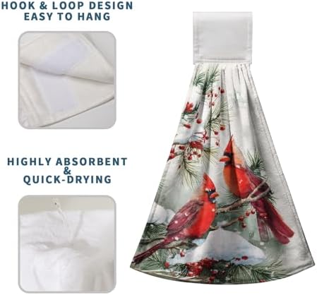 Winter Red Birds Kitchen Towels with Hanging Loop Cardinal Snow Pine Holly Christmas Hand Tie Towels Fast Drying Dish Washcloth Soft Absorbent Fingertip Bath Towel for Bathroom Decor Set of 2