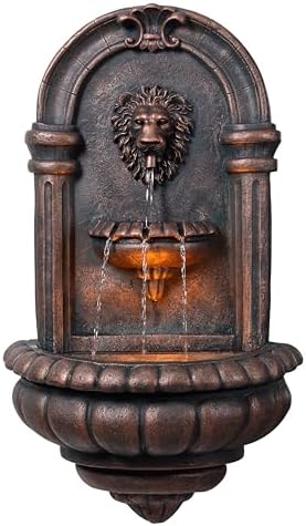 Teamson Home 32.1 in. Wall-Mounted Lion Head Stone LED Outdoor Water Fountain for Gardens, Landscaping, Patios, Balconies, Lawns to Create a Calming Oasis in Outdoor Living Spaces, Antique Bronze