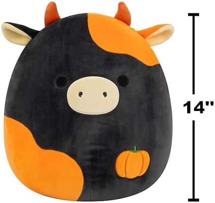 Squishmallows Original 14in Jefferson the Black and Orange Cow with Pumpkin Embroidery – Official Jazwares Halloween Plush (Large)