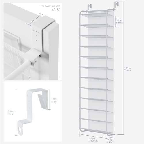 Whitmor 36 Pair Over the Door Shoe Rack,12 Tier Hanging Shoe Organizer with Metal Frame & Mesh Shelves, Heavy Duty Shoe Storage Holder for Door, No Drill Installation, 74" H x 21.7" W x 7.5" D, White