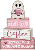 Moucuny 4 Pcs Pink Halloween Table Decorations Coffee Ghost Wooden Blocks
