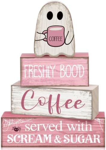 Moucuny 4 Pcs Pink Halloween Table Decorations Coffee Ghost Wooden Blocks
