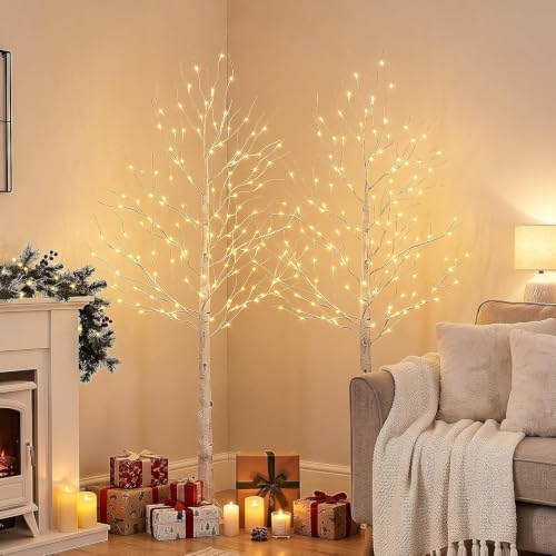 EAMBRITE Lighted Birch Tree, 6ft Prelit White Christmas Trees Outdoor 2Pack