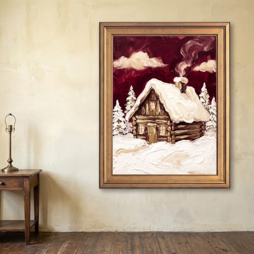 Framed Canvas Wall Art Expressive Winter Cozy Cabin Deep Red and Creamy White Impasto Canvas Print Poster Gold Frame Wall Decor for Living Room Rustic Art, Snowy Scene - Inch 24x36