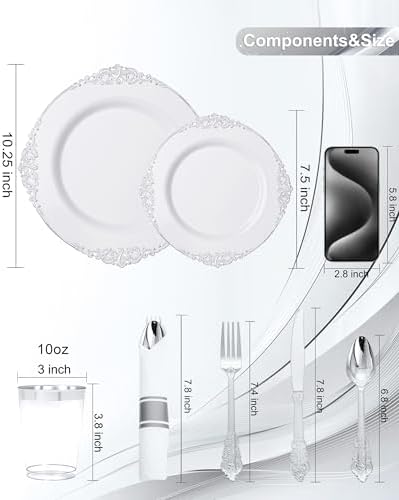 Nervure 700Pcs Silver Plastic Plates, Plastic Dinnerware Set for 100 Guests