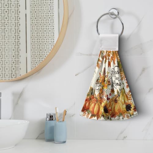 Fall Pumpkin Hanging Kitchen Towels Autumn Sunflower Maple Leaf Harvest Hand Towels with Hanging Loop Thanksgiving Washcloth Absorbent Hanging Dish Towels for Bathroom Set of 2