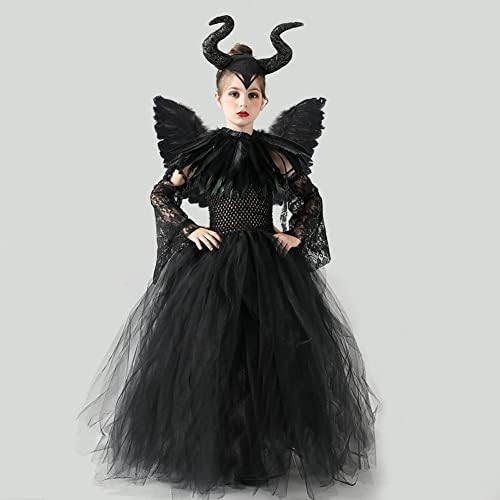 OBEEII Kids Girls Witch Costume Handmade Knitted Tulle Dress Evil Queen Dress Up Costume for Halloween Carnival Cosplay