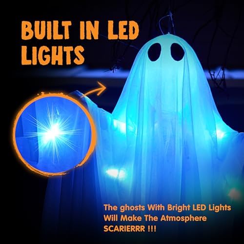 JOYIN 2 Pcs 35.5” Halloween Hanging Light up Ghost Decorations Outdoor, Halloween White Hanging Ghosts with Blue LED Lights and Timer for Haunted House Party Supplies Front Yard Patio Garden Decor