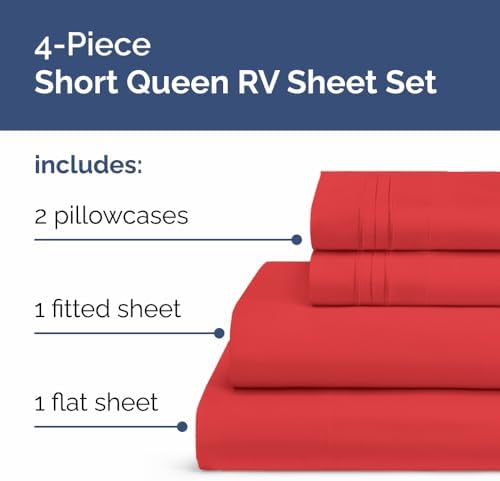 Short Queen Size 4 Piece Bed Sheet Set - RV Short Queen Sheets - Red