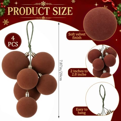 Roowest 4 Sets Large Brown Velvet Christmas Ball Clusters Ornaments Decor