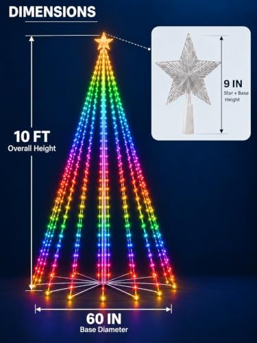 10FT 430 LEDs Smart RGB Outdoor Christmas Tree Cone Lights with Star