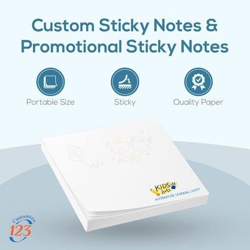 Personalized Sticky Notes 3" x 3" with Text or Logo, Custom Note Pads, 25 Sheets 250 Pack Adhesive Notepad, to Do List Memo Pads, for Office, School, Business Marketing or Party Supplies, 250 Qty