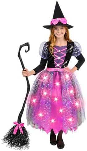 Spooktacular Creations Witch Costume Kids, Light Up Halloween Costumes Witch Dress with Hat and Broom for Girls, Sweet Wizard Set for Scary Halloween Themed Parties, Pink