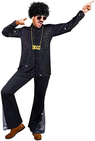 Mepase 6 Pcs Men 70s Disco Outfit Bell Bottom Pants Wig