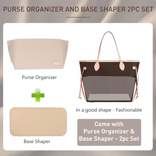 Doxo Purse Organizer Insert for Handbags & Base Shaper 2pc Set, Felt Neverfull GM Organizer Insert, Tote Bag Organizer with Zipper Pocket and Bottle Holder, Fit Neverfull GM and More, Beige-XL