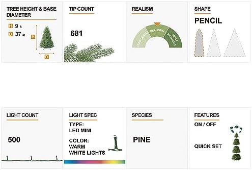 Glitzhome 9ft Prelit Christmas Tree, Flocked Pencil Artificial Christmas Tree with 500 Warm White Lights, Pine Christmas Trees w/Foldable Metal Stand for Home, Office, Party Decoration, Easy Assembly
