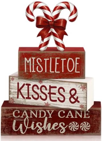 Lineshading 4 Pcs Christmas Table Decorations Wooden Candy Cane Decor Christmas Centerpiece Rustic Winter Tiered Tray Decor Red and White Candy Cane Block Signs Gift Xmas Decoration for Home Decors