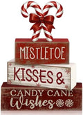 Lineshading 4 Pcs Christmas Table Decorations Wooden Candy Cane Decor Christmas Centerpiece Rustic Winter Tiered Tray Decor Red and White Candy Cane Block Signs Gift Xmas Decoration for Home Decors