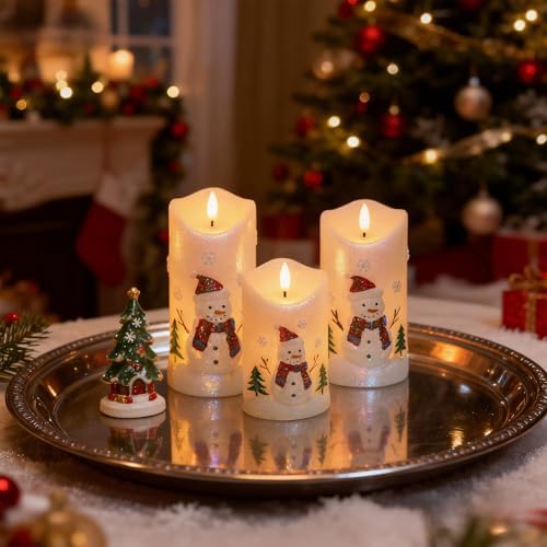 Snowman Carved Flameless Candle Battery Operated with Remote Timer