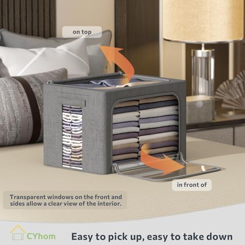 Clothes Storage Bins with Metal Frame, Clear Window, 100L, Dark Gray,2-Pack