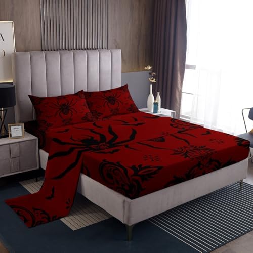 Black Red Spider Bed Sheet Queen Size Boho Paisley Sheets Sets Adults Bedroom Decor Bat Pattern Microfiber Bedding Set with Flat,Fitted Sheet,2 Pillow Cases