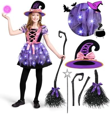 Spooktacular Creations Girls Light Up Witch Costume, Kids Witch Costume with Hat and Broom for Toddler Halloween Dress Party