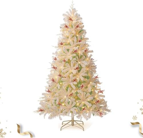 HAPPYGRILL 7FT Pre-lit Artificial Christmas Tree, Hinged Xmas Tree w/ 855 Snow Flocked Branch Tips, 350 Warm White LED Lights, White Twigs, Red Berries, Metal Stand