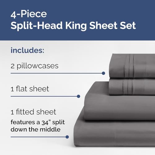 Flex Top Split Head King 4 Piece Sheet Set - Soft & Breathable - Dark Grey