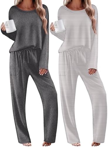 Ekouaer 2 Pack Womens Pajama Sets Long Sleeve Long Pants Pjs Loungewear