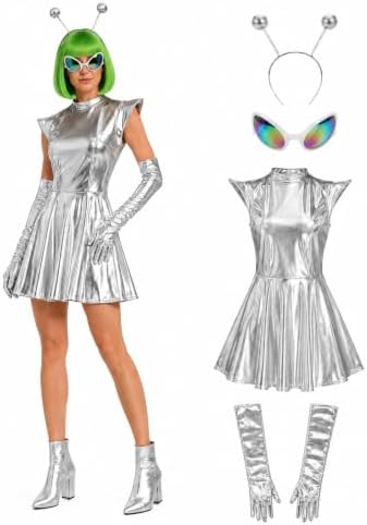 Silver Metallic Dress Holographic with Gloves Alien Headband with Glasses for Party Cosplay