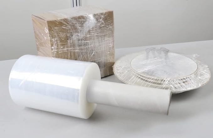 BOMEI PACK 6 Pack Industrial Clear Mini Stretch Wrap Roll with Handle, 5" x 1000Feet 80 Gauge for Heavy Duty, Durable Self-Adhering Plastic Wrap for Packing, Moving