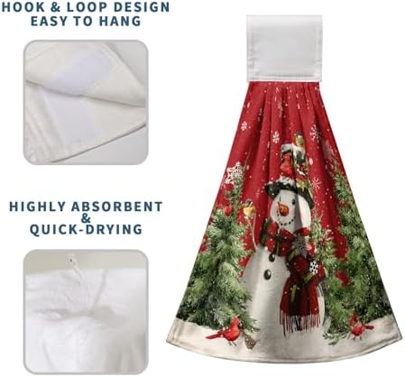 Winter Snowman Red Hanging Kitchen Towels Set of 2 Christmas Snow Snowman Pine Tree Bird Hand Towel with Hanging Loop Xmas Farmhouse Bath Towels Soft Absorbent Fingertip Dish Tie Towel for Bathroom