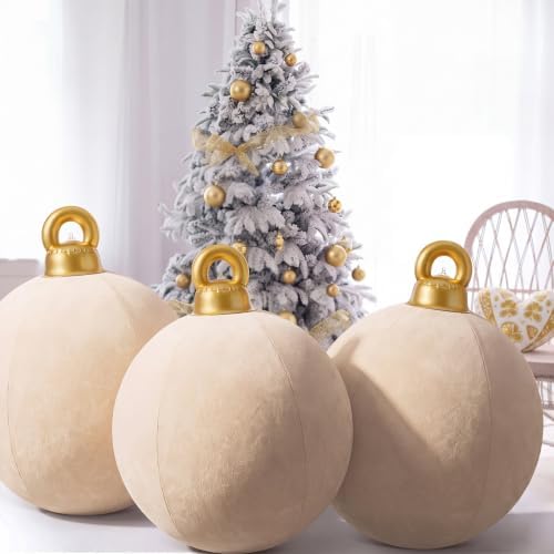 Jetec 3 Pcs 32 Inch Giant Velvet Christmas Inflatable Balls, Creamy White