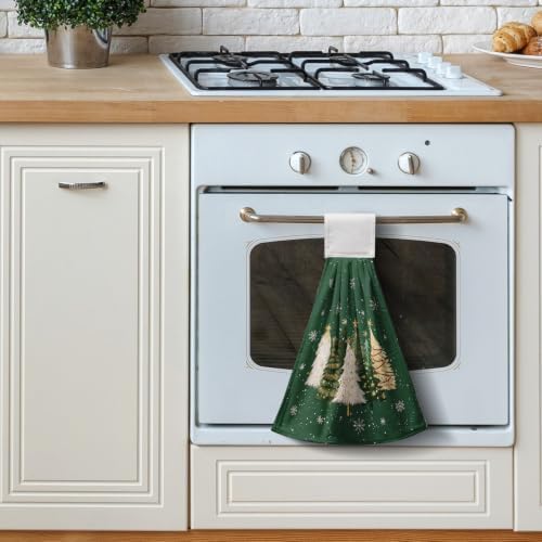 Green Christmas Hanging Dish Towels Xmas Tree Kitchen Towels with Hanging Loop Winter Holiday Hand Tie Towels Soft Absorbent Bath Towel for Bathroom Farmhouse Decor Set of 2