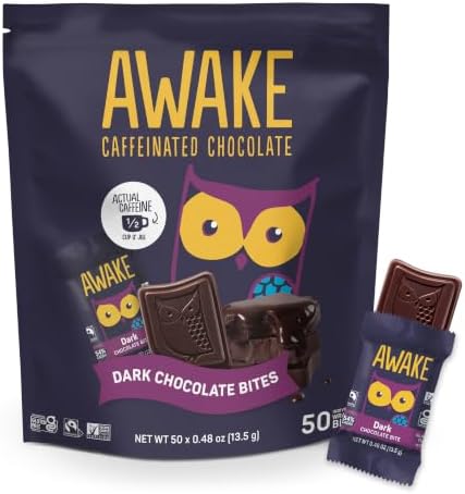 AWAKE - Caffeinated Chocolate Bites - Dark Chocolate, 50 pieces - 50mg Caffeine - Individually Wrapped Energy Bites - Coffee Alternative - Fairtrade, Gluten Free, Non GMO - 0.48oz