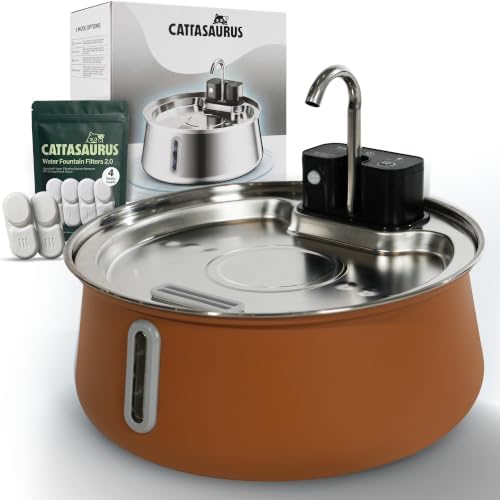 Cattasaurus Wireless 304 Stainless Steel Cat Water Fountain with Filtration, Automatic Water Dispenser for Cats, 135oz Large Capacity, Dishwasher Safe (Coffee, Fountain + 6 Filters (6-Week Supply))