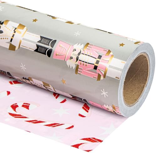 WRAPAHOLIC 30 Inch Jumbo Reversible Nutcracker Christmas Wrapping Paper - 30 Inch x 100 Feet Jumbo Roll Nutcracker and Candy Cane Design Printed on Pearlized Paper for Chrsitmas, Holiday, Party