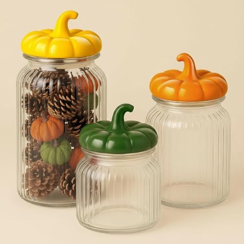 Mimorou 3 Set Pumpkin Glass Jar with Pumpkin Airtight Ceramic Lid 44 oz 33 oz 22oz Fall Clear Candy Jar Food Storage for Thanksgiving Party Cookie Table Decoration(Yellow, Orange, Green,Autumn)