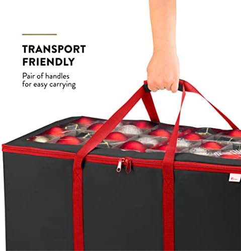 Premium Large Carrying Christmas Ornament storage Box with Clear Lid, 3" Compartment, Contains 10 Trays, Keeps 200 Holiday Ornaments & Xmas Accessories, Made Of Tear Proof Made Of 600D Oxford Fabric