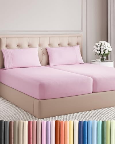 Split King Size 5 Piece Sheet Set - Comfy Breathable & Cooling - Light Pink