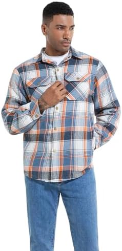 Men's Sherpa Cotton Flannel Shirt Jacket Plaid Button Coat Pocket