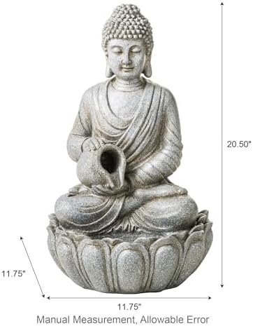 Glitzhome Buddha Fountain Outdoor 20.5" H, 2-Tier Zen Style Concrete Meditating Buddha Statues Water Fountains with Pump & LED Light, Buddhas Floor Fountains Sculpture for Garden Patio Backyard